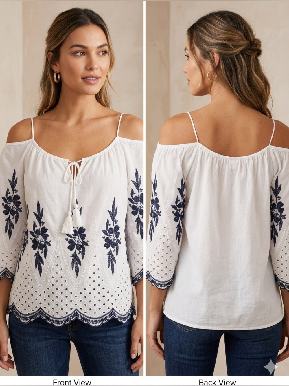 VENUS White Off-Shoulder Embroidered Blouse with Black Floral Accents